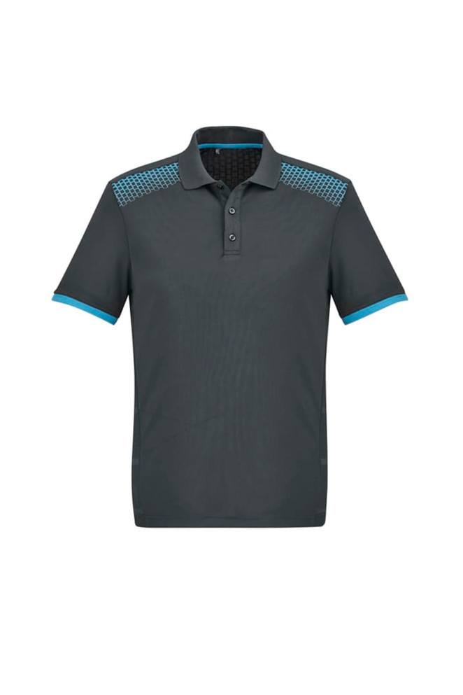 A dark green short sleeve polo shirt featuring blue accents and a patterned shoulder design. It has a branded logo.