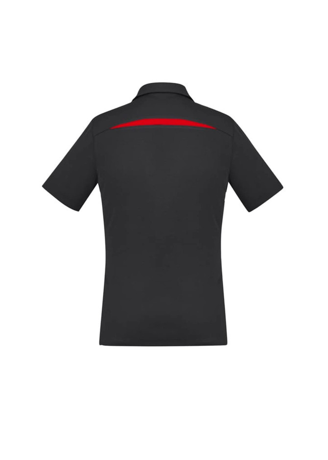 A black women's polo shirt featuring short sleeves and a red accent on the back. Includes a logo.