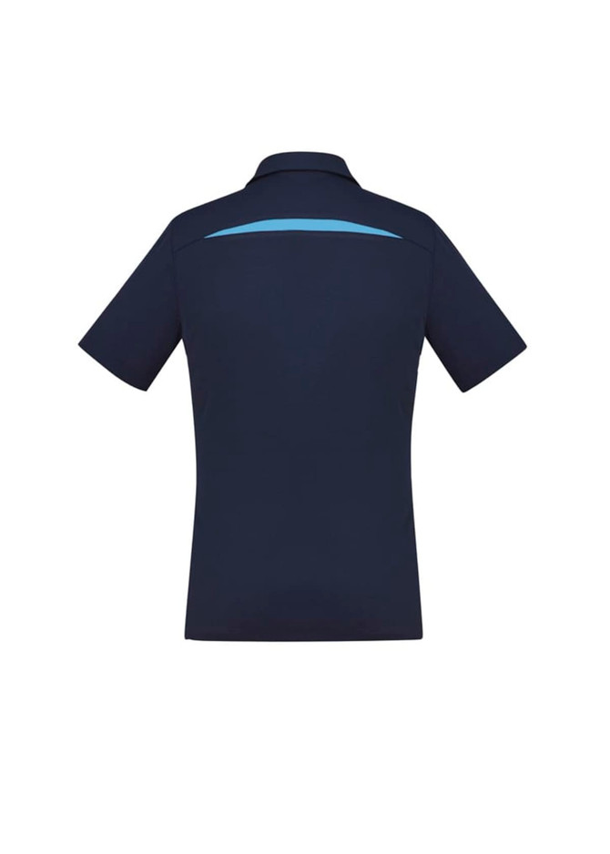 A navy blue women's short sleeve polo shirt featuring a contrasting light blue stripe on the back and a logo.