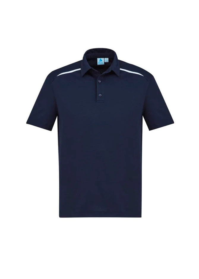 A navy blue men's short sleeve polo shirt featuring a subtle logo and white detailing on the shoulders.