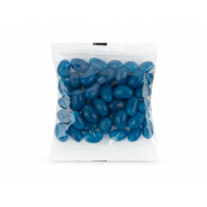 A clear cello bag containing blue jelly beans, showcasing their glossy surface and distinct oval shape.