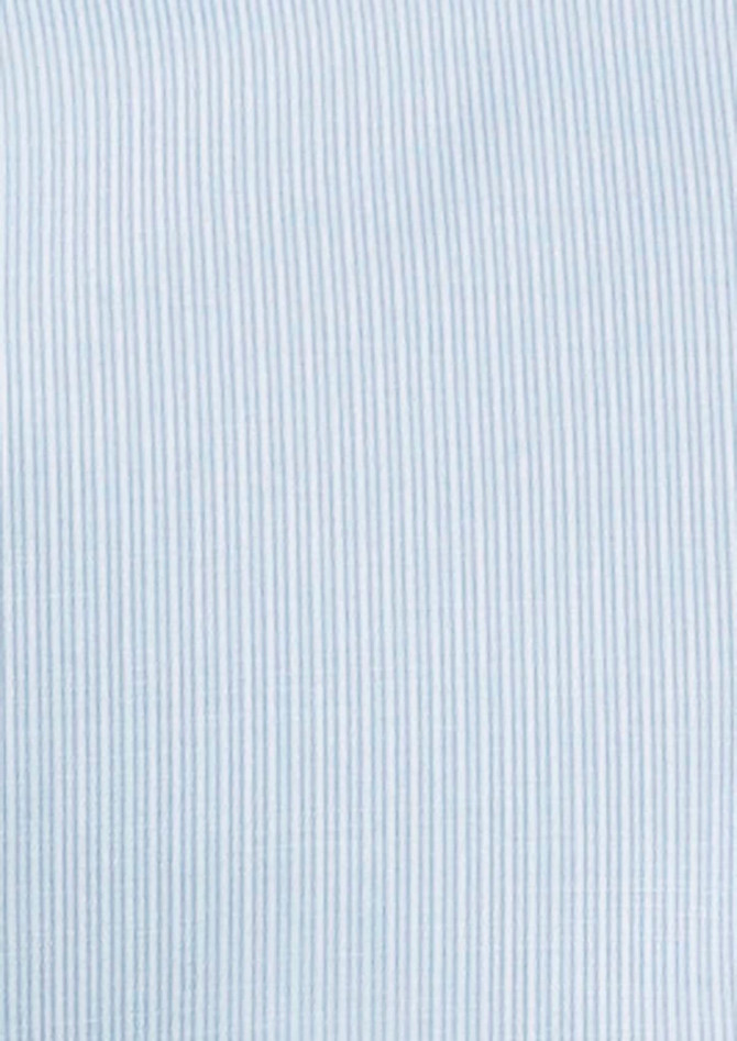 A light blue button-up shirt with a subtle striped pattern. The shirt features short sleeves and has a logo.