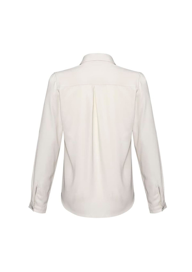 A long-sleeve women's button-up shirt in cream colour, featuring a back pleat and roll-up cuffs. The shirt has a logo.