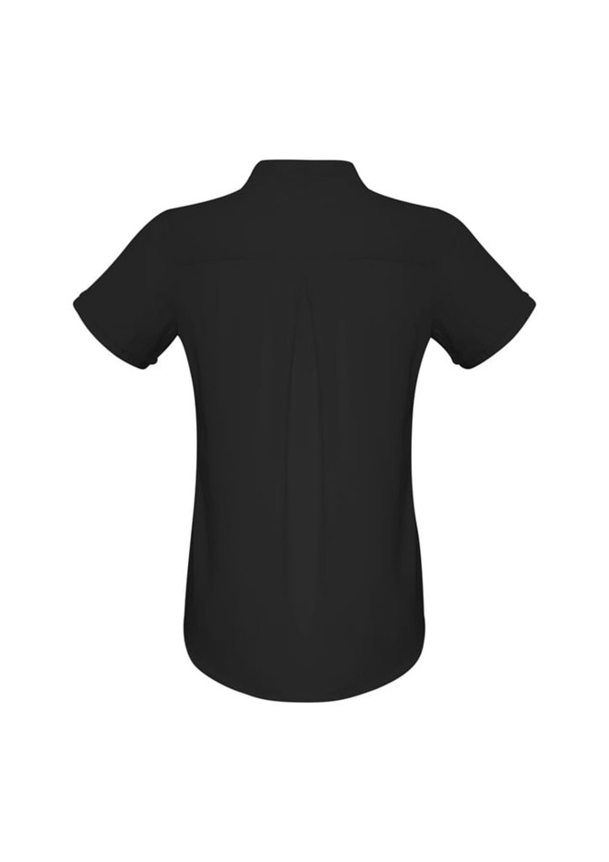 A black women's button-up shirt with a short sleeve design and a pleat detail at the back.