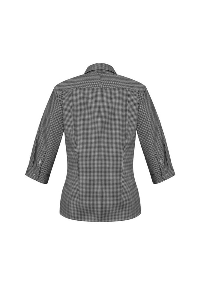 A women's 3/4 sleeve button-up shirt in a black and white check pattern, featuring a collar and rolled sleeves.