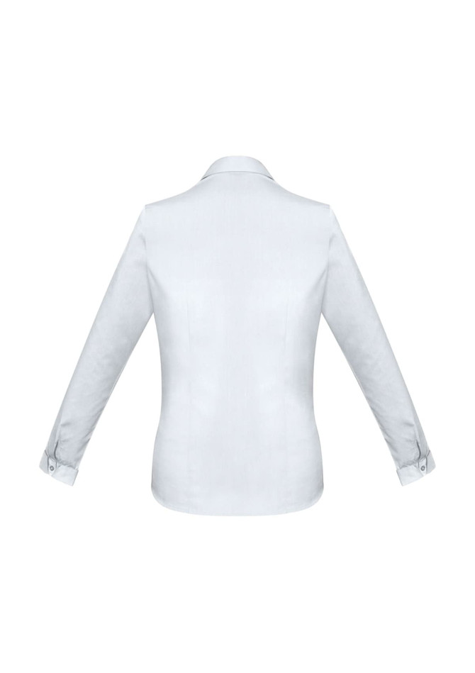A white long sleeve button-up shirt with a collared neckline and cuffs. The back view highlights its tailored design.