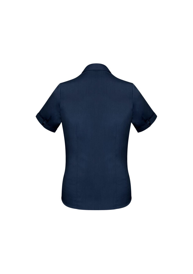 A navy blue women's short sleeve button-up shirt, featuring a smooth fabric and rolled sleeves.