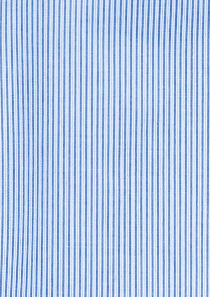 A blue and white striped fabric, featuring vertical lines, suitable for a men's short sleeve button-up shirt.