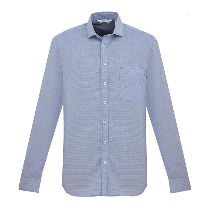 A light blue button-up shirt with a single chest pocket and long sleeves. The shirt features a subtle pattern and has a branding logo.