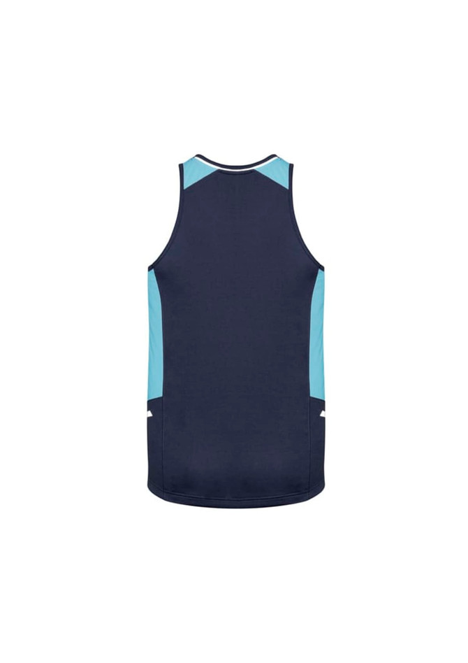 A navy blue singlet with light blue accents and a logo on the back.