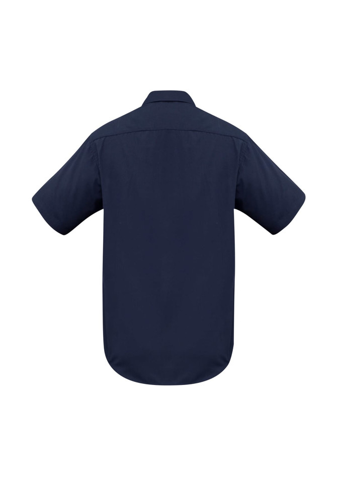 A navy short sleeve button-up shirt with a smooth back design and no visible logos.