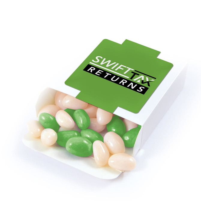 A box of jelly beans featuring green and white candies, with a branding logo on the packaging.