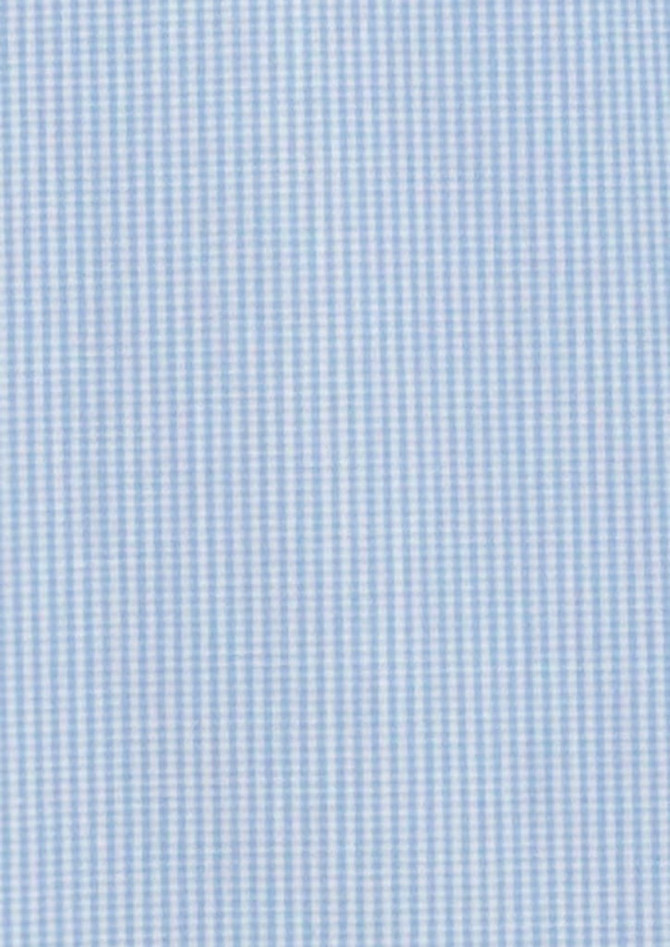 A light blue micro check fabric ideal for a men's button-up shirt, featuring a subtle check pattern and a branding logo.