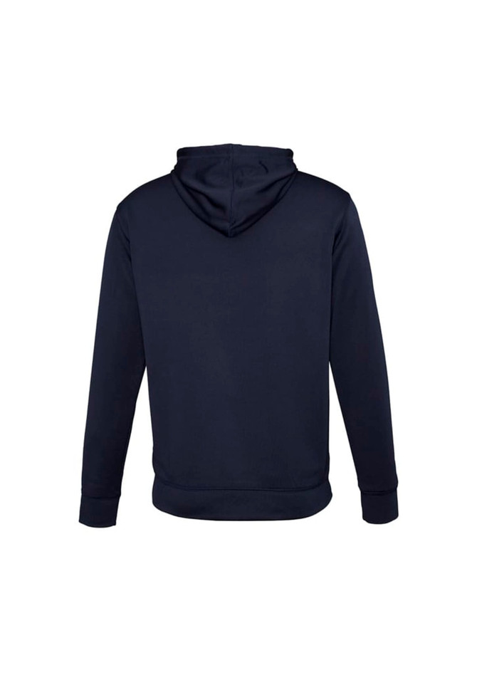 A men's hoodie in navy blue, featuring a hood and long sleeves, with a logo on the back.