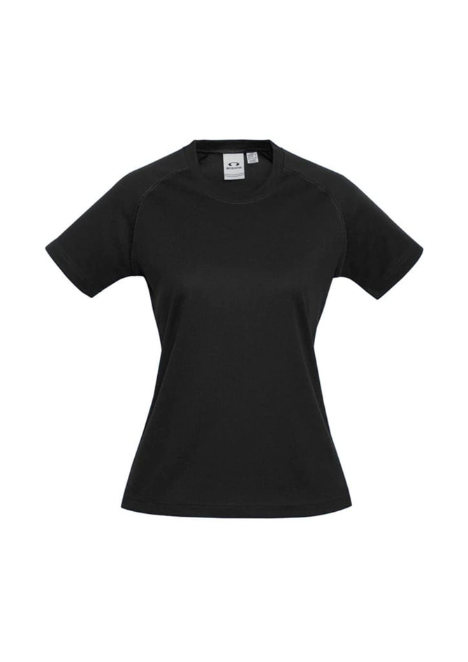 A black women's sprint short sleeve tee with a crew neck and a logo on the label.