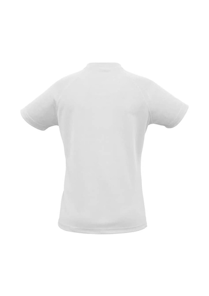A white women's short sleeve tee with a fitted design, featuring a logo on the back.