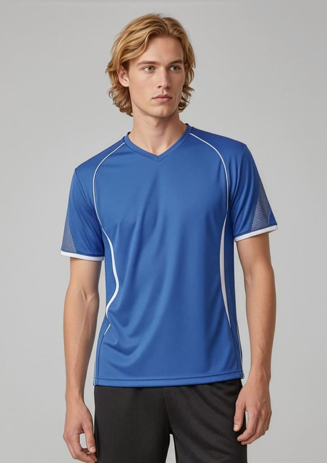 A blue short sleeve tee with white accents and a v-neck design, featuring a logo.