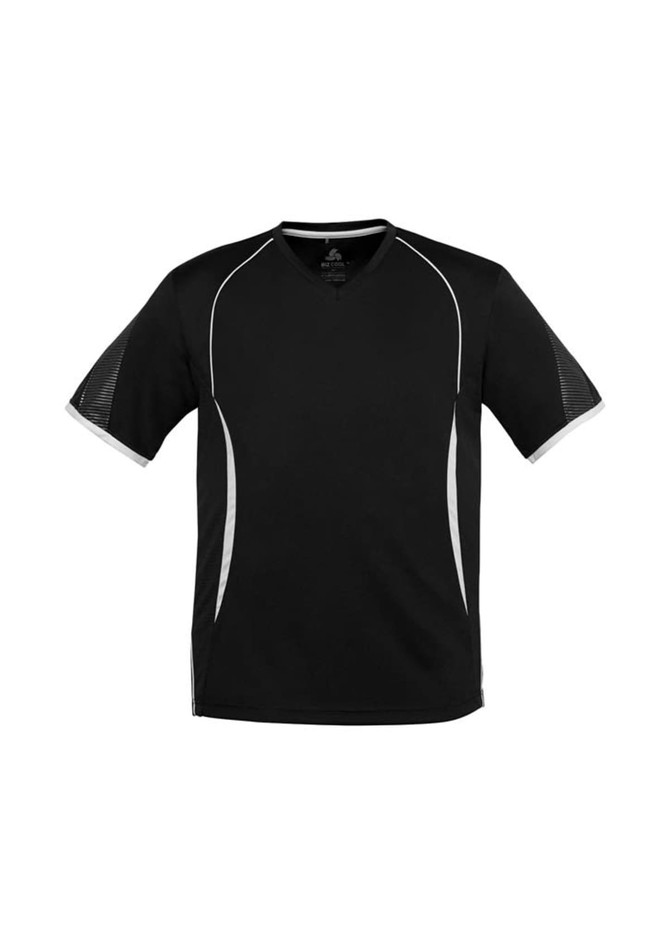 A black short sleeve tee with contrasting white accents and a logo on the front.