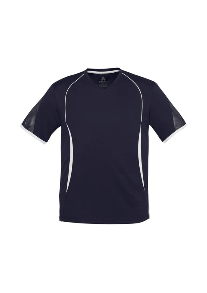 A men's short sleeve tee in navy with white detailing and a logo on the front.