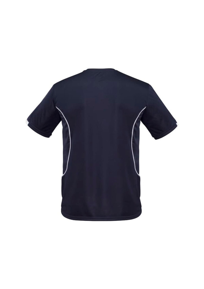 A dark blue short sleeve tee with white trim on the sides and a logo on the back.