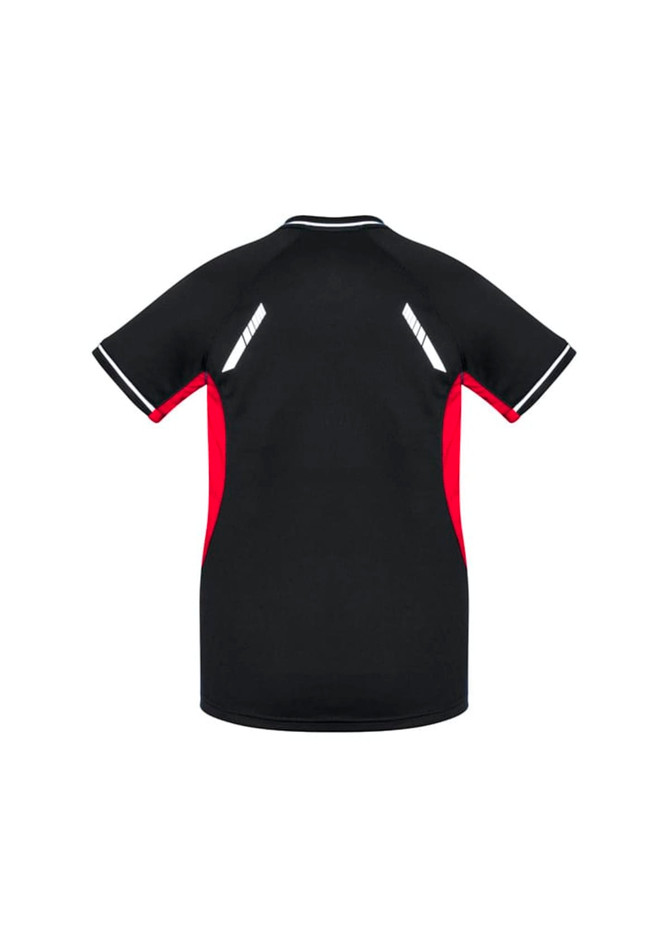 A black and red short sleeve tee with a logo, featuring a sporty design and contrasting panel details.