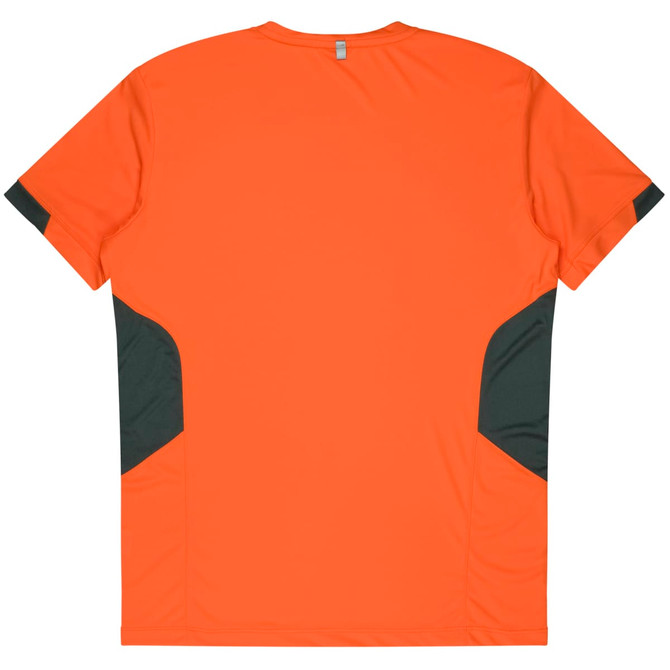 An orange t-shirt with dark grey accent panels on the sides and a simple design. It features a logo.