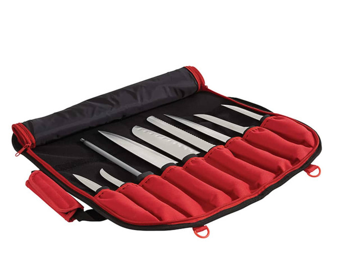 A black and red knife bag contains several steel knives securely stored in individual slots. The bag has a closed design.