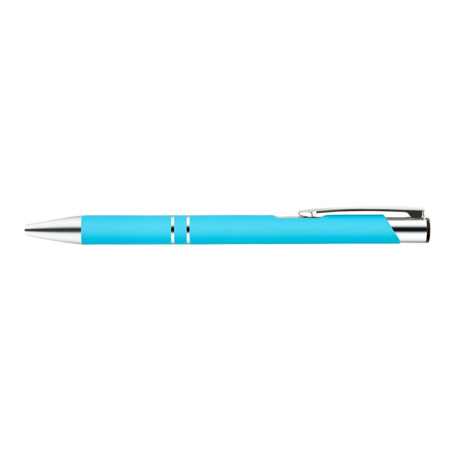 A metal pen in a vibrant blue color with sleek silver accents and a clip.