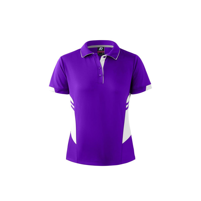 A purple polo shirt with white accents and a logo on the chest. Features a collar and three-button placket.
