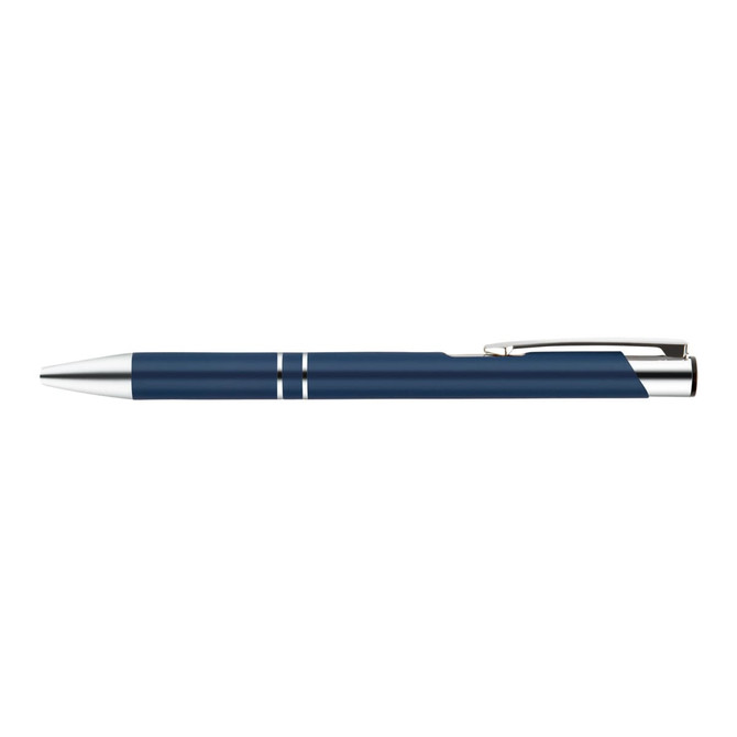 A metal pen in a sleek navy blue finish with silver accents and a streamlined design.