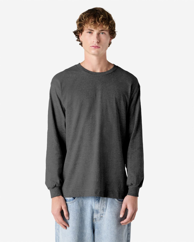 A unisex long sleeve T-shirt in dark grey, featuring a simple design and a logo.