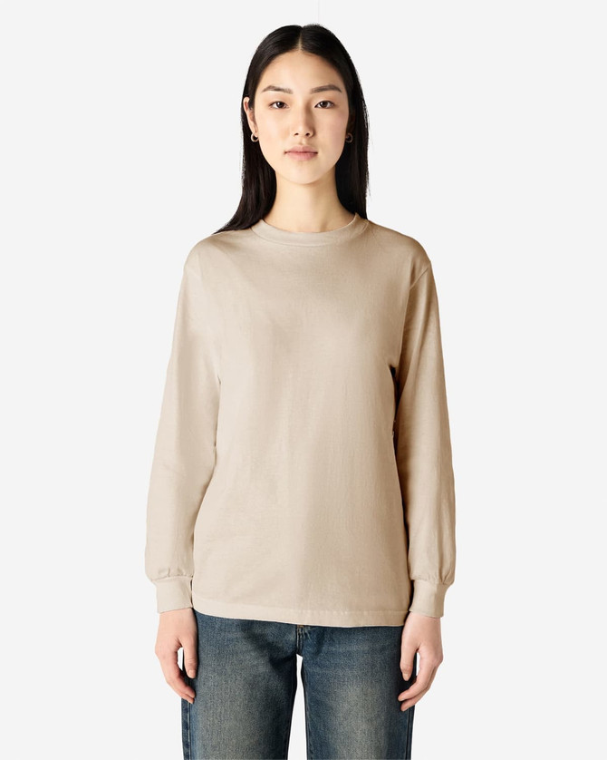 A lightweight cotton unisex long sleeve T-shirt in a neutral beige colour, featuring a logo.