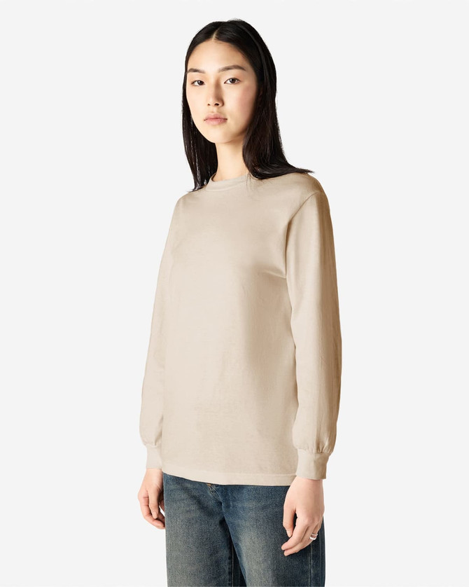 A beige heavyweight cotton unisex long sleeve T-shirt, featuring a rounded neckline and long sleeves.