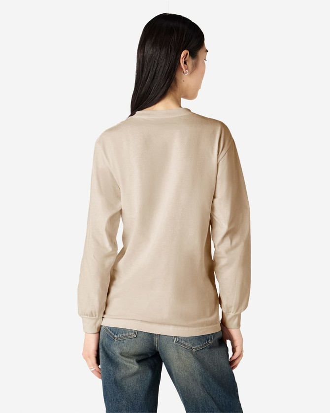 A heavyweight cotton unisex long sleeve T-shirt in beige, featuring a simple design and a branding logo.