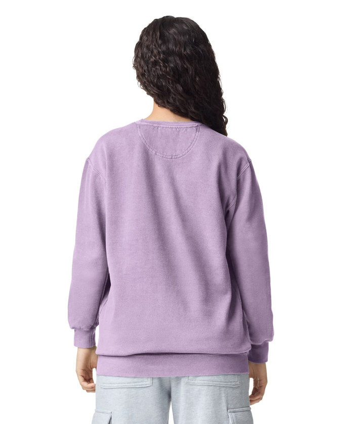A lilac adult crewneck sweatshirt with a relaxed fit and long sleeves, featuring a logo on the back.