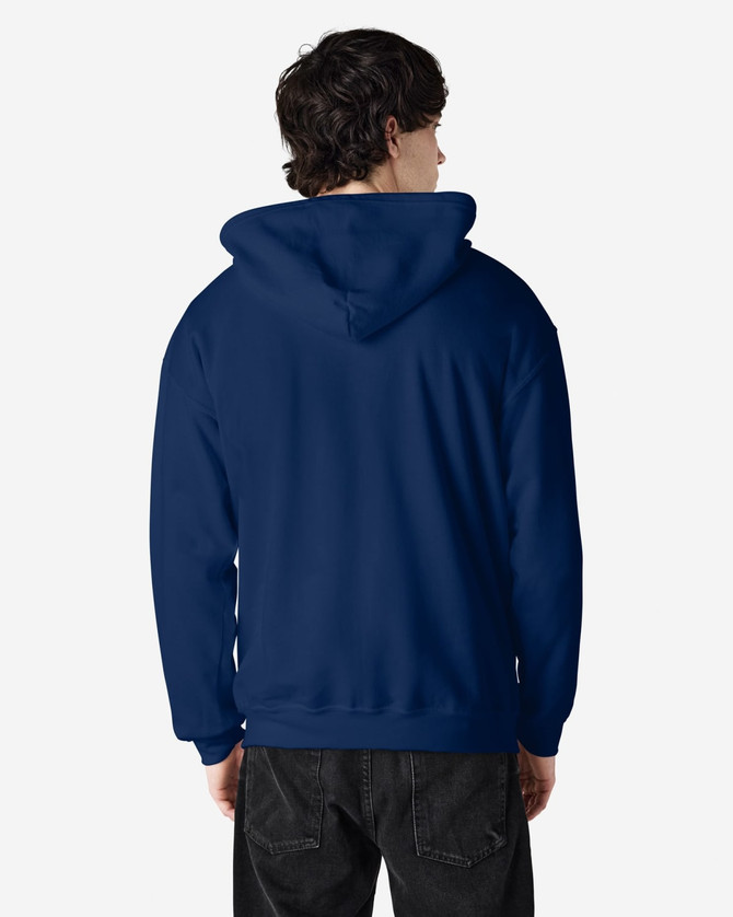 A navy blue Gildan Heavy Blend adult full zip hooded sweatshirt with a hood and a logo on the back.