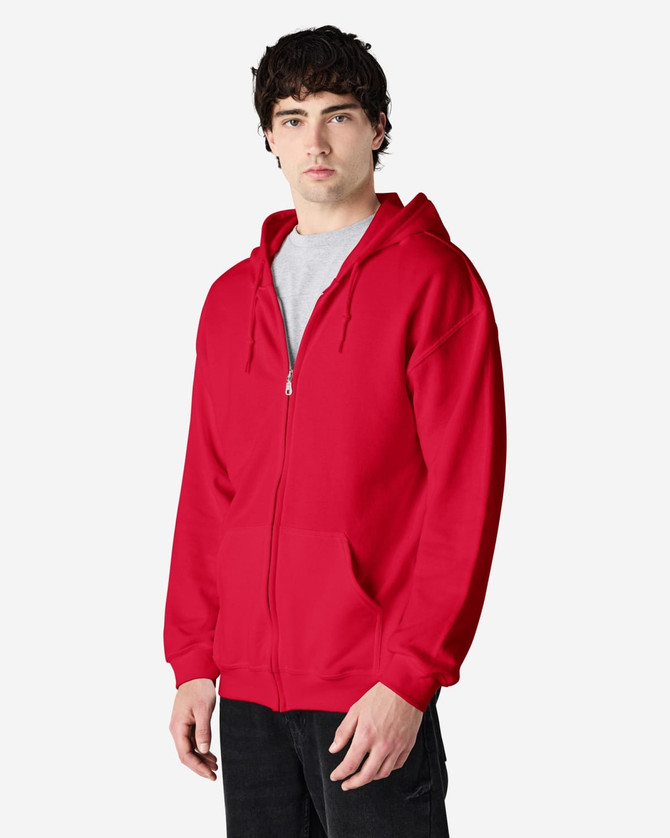 A red Gildan Heavy Blend adult full zip hooded sweatshirt with a front zipper and a hood.