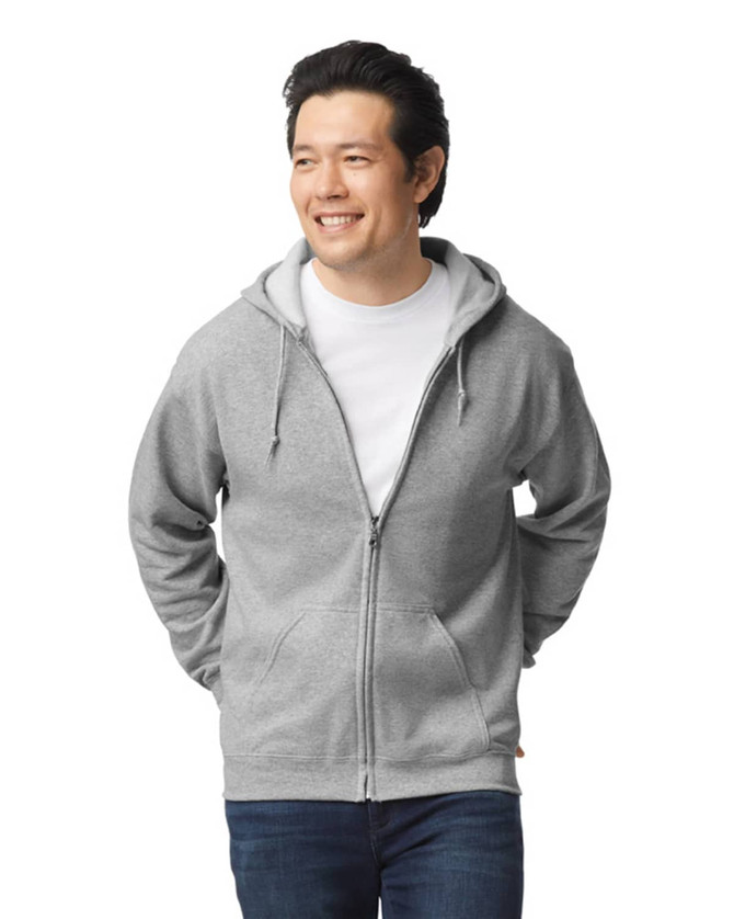 A grey full zip hooded sweatshirt featuring a front pocket and a hood. It has a logo on the side.