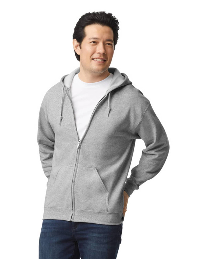 A grey adult full zip hooded sweatshirt with a front pocket and a hood, worn by a man.