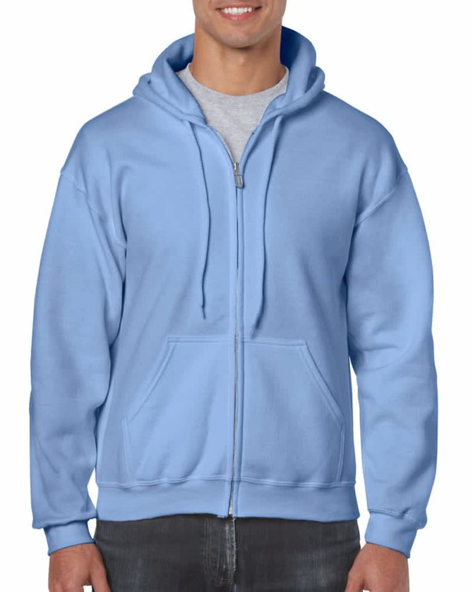 A light blue Gildan Heavy Blend adult full zip hooded sweatshirt with a front pocket and drawstrings on the hood.