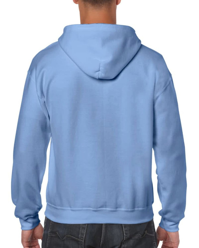 A blue Gildan Heavy Blend full zip hooded sweatshirt featuring a hood and long sleeves, viewed from the back.