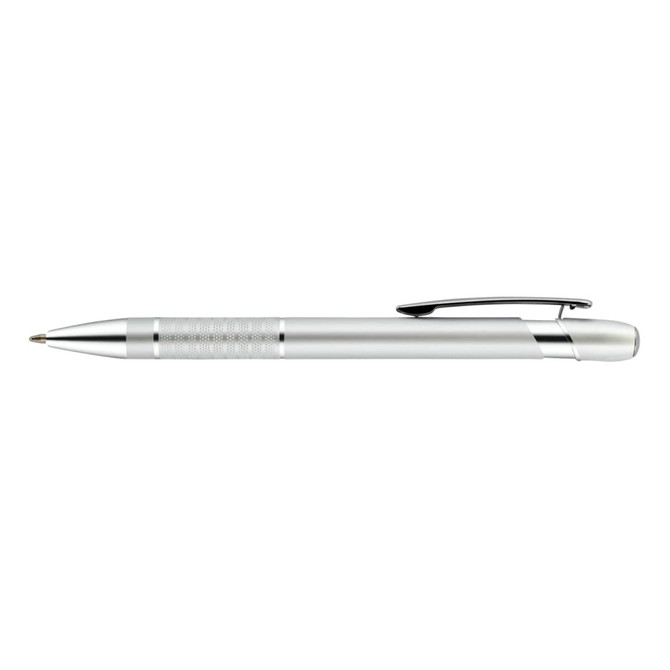 A metallic silver pen with a grip section and a clip, featuring a branding logo.