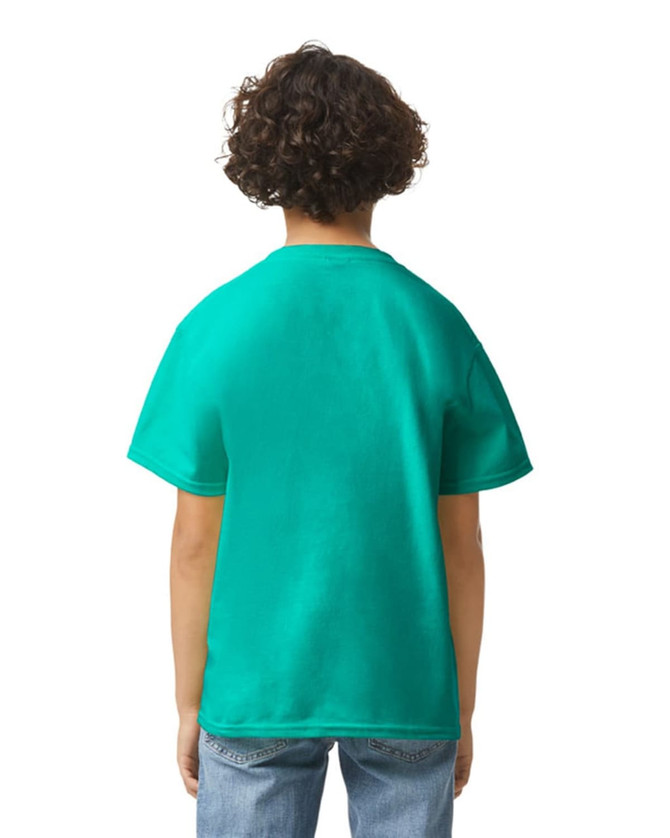A youth short sleeve T-shirt in vibrant teal, featuring a plain back and a logo.