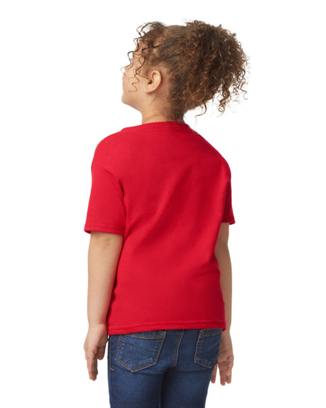 A red toddler t-shirt with short sleeves, featuring a plain back view.