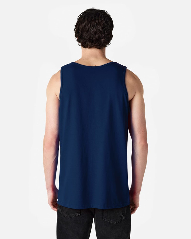 A navy Gildan Heavy Cotton adult tank top featuring a back view, showcasing its simple design and fit.
