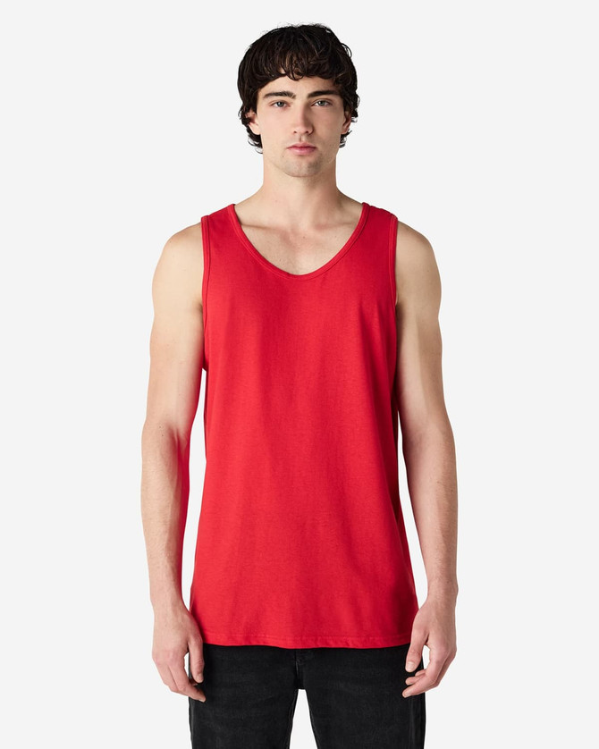 A red Gildan Heavy Cotton adult tank top displayed on a model, featuring a logo on the garment.