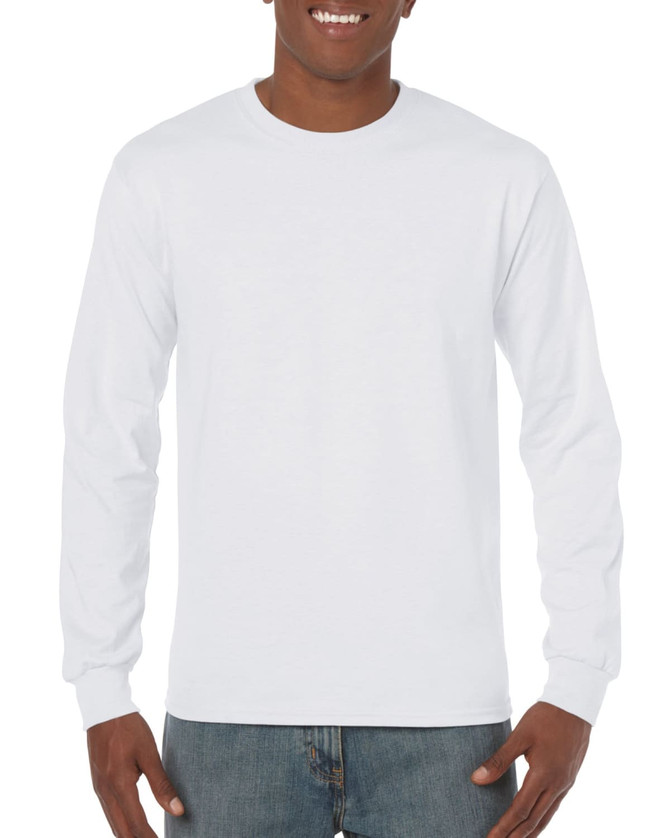 A white long sleeve T-shirt featuring a round neckline and a plain design, displayed on a smiling model.