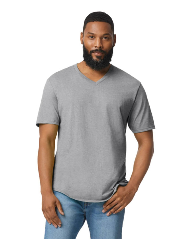 A grey adult v-neck t-shirt on a mannequin, featuring short sleeves and a logo.