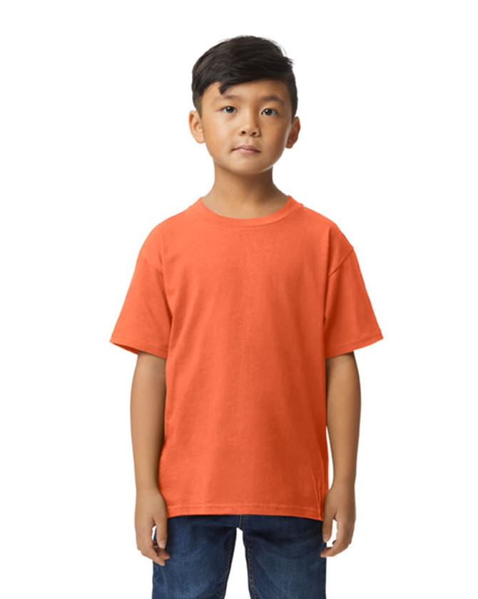 A youth midweight T-shirt in vibrant orange, featuring a simple design and a logo on the front.