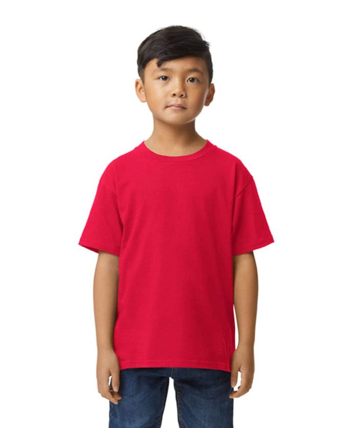 A red midweight youth T-shirt displayed on a child, featuring a plain design and a logo.
